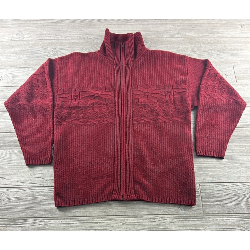 Comfort Knits Mens Cranberry Red Ribbed Full Zip Sweater Large Made in USA